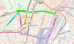 Map of the southern portion of downtown Boston with rail lines and the Silver Line marked. The core alignment of Phase III runs south from South Station, then west along Essex Street and Boylston Street to Charles Street, with intermediate stations at Chinatown and Boylston. Five potential alignments for the southern section are shown; the first four begin at the intersection of Charles Street and Boylston Street. The Columbus Avenue alignment follows Columbus Avenue from Charles Street to Berkeley Street. The Charles Street modified alignment follows Charles Street and a short section of Tremont Street. The Charles Street alignment follows Charles Street and turns east across Eliot Norton Park to Tremont Street. The Stuart Street alignment follows Charles Street and Stuart Street to Tremont Street. The Tremont Street alignment begins at Boylston station; it follows Tremont Street south and turns east to Washington Street.