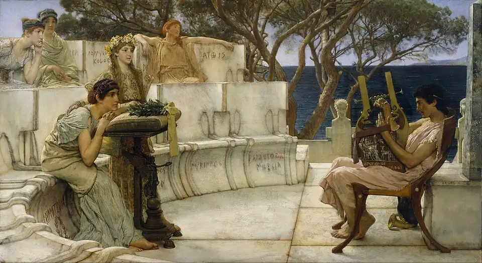 A man plays the lyre in front of an audience of five women, in a Greek-style theatre. The names of women associated with Sappho are inscribed on the seats.