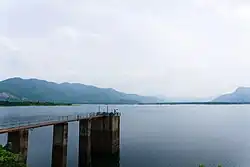 Raiwada reservoir and a sluice gate bridge.