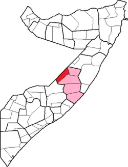 Location of Abudwak District within the Galwaaq region.