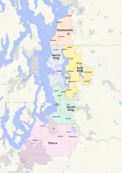 A map of the Seattle metropolitan area with the Sound Transit district divided into five subareas. Major cities are also labeled.