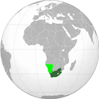 Union of South Africa with South West Africa shown in light green (occupied in 1915 and administered as 5th province of the Union under a C-mandate from the League of Nations)