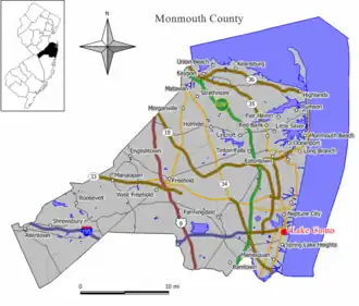 Map of Lake Como in Monmouth County. Inset: Location of Monmouth County highlighted in the State of New Jersey.