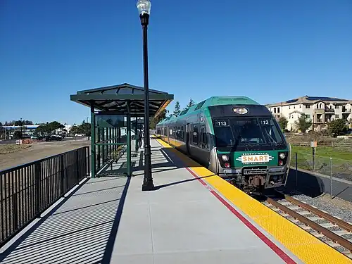 A southbound train at Petaluma North station, 2025