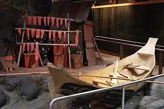 Southeast Alaska Discover Center, Ketchikan, Alaska. Fish camp, Tlingit, Haida, and Tsimshian. Salmon fillets were soaked in a salt solution, draped over drying racks to dry then taken to the smokehouse and hung over slow burning fires.