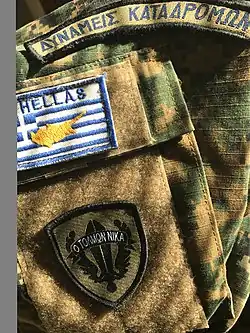 Special Forces unit flash that is emblazoned with ΔΥΝΑΜΕΙΣ ΚΑΤΑΔΡΟΜΩΝ (Raider Forces).