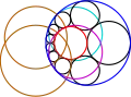 Under inversion, these lines and circles become circles with the same intersection angle, 2θ. The gold circles intersect the two given circles at right angles, i.e., orthogonally.