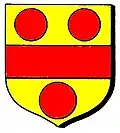 Or, a fess gules, between three torteaux
