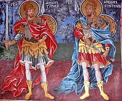 Theodore of Amasea (on the left) and Theodore Stratelates (on the right) - a fresco from Rila Monastery, Bulgaria (19th century?)