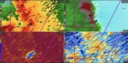A four-panel image of different radar types, from top-left: Reflectivity, velocity (VELO), Coorelation Coeffieicient (CC, this one is where the tornadic debris sig. is visible) and a fourth unknown type on the bottom right. Each panel has different colors that mean different things.