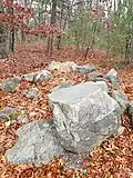 Summit marker embedded in rock with possible remnants of Indian Cairn