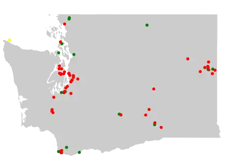 Outline of map of Washington with colored dots representing the location of Superfund sites in the state
