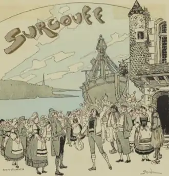 coloured line drawing of early 19th century crowd by waterside welcoming a jubilant young man carrying a large money-bag