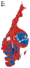 Cartogram of the map to the left with each municipality rescaled to the number of valid votes cast.