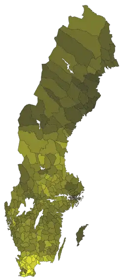 2010: The party's share of the vote by municipality (lighter shades indicate a higher percentage of votes)