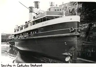 Dee Why in Cockatoo Dock after having hull cleaned and repainted, 1950