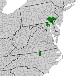 Symphyotrichum depauperatum endemic distribution map: US — Maryland (Baltimore and Cecil Counties); North Carolina (Granville County); and, Pennsylvania (Chester, Delaware, and Lancaster Counties).