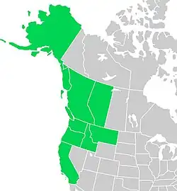Symphyotrichum subspicatum distribution map: Canada — Alberta and British Columbia; US — Alaska, California, Idaho, Montana, Oregon, and Washington.