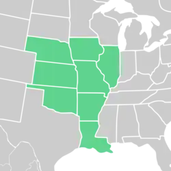 Symphyotrichum turbinellum distribution map: US — Arkansas, Illinois, Iowa, Kansas, Louisiana, Missouri, Nebraska, and Oklahoma.