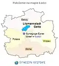 Location of the synagogue in relation to the Łódź Ghetto (blue)
