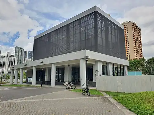 A cubic-shaped entrance facing a pedestrian square