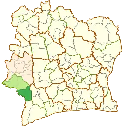 Location (dark green) in Cavally region (light green) and Montagnes district (orange) in Ivory Coast. Taï Department has retained the same boundaries since its creation in 2013.