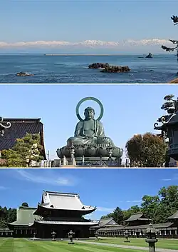 From top: Tateyama Mountains viewed from Amaharashi Coast, Great Buddha of Takaoka, and Zuiryū-ji Temple
