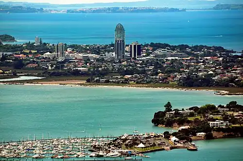 The small skyline of Takapuna viewed from the Sky Tower