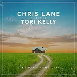 The cover features a house under a blue-and-orange sky with some clouds, and a grassfield with a dirt path in front of it. Both artists' name and the song title appear above and below the house, colored in white.