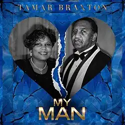 A black-and-white photograph of a man and a woman in the shape of heart. The photograph is torn down the middle and placed on a blue background.