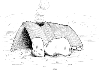 Reconstruction of a Terra Amata dwelling, possibly built by Homo heidelbergensis, 380–230,000 BCE.[20]