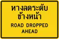 Warning sign on lower level road (Thai and english languages)