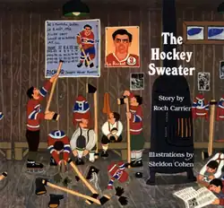 Illustrated book cover of a young boy pointing to a wall poster of Maurice Richard's career statistics using a hockey stick as several of his friends look on