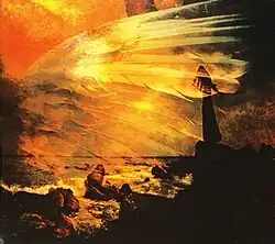 A silhouette of a woman in a dress stands at a rocky coast during a sunset, looking at the sky with her arms out; a large wing is superimposed on the image.