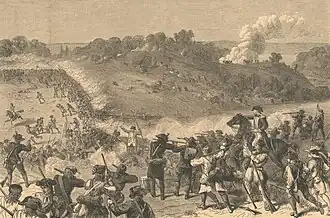 Brown and white engraving of a military battle on rolling hills with a stand of trees in the distance