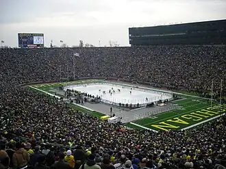 A hockey rink is set up in the middle of a football field, with thousands of people surrounding the playing surface