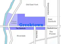 Location of Greektown Γκρικτάουν&nbsp;(Greek) The Danforth Το Ντανφόρθ&nbsp;(Greek)