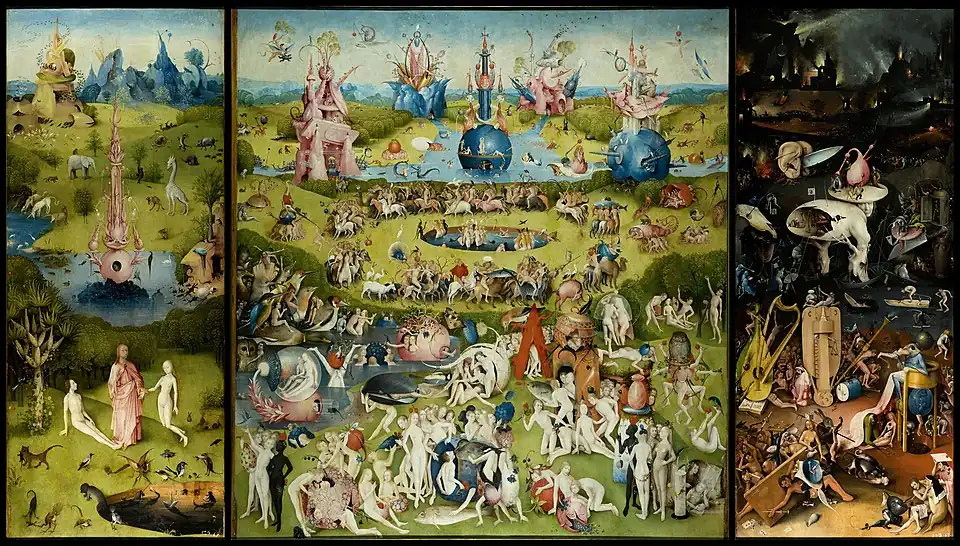 The Garden of Earthly Delights; by Hieronymus Bosch; c. 1504; oil on panel; 2.2 x 1.95 m; Museo del Prado (Madrid, Spain)[158]
