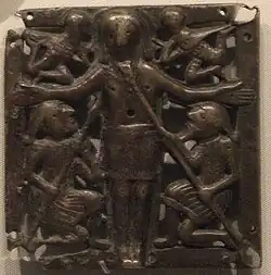 The Kells Crucifixion Plaque, British Museum, 11th or 12th century. H: 8.2 cm (3.2 in)[17]