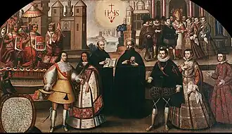 The Marriage of Captain Martín García de Loyola and the Inca ñusta Beatriz Clara Qoya, daughter of Sayri Túpac; parents of the first Marchioness of Oropesa. 17th century painting located in the Church of la Compañía de Jesús, Cusco.[9][10][11]