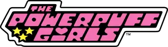 Pink letters reading "The Powerpuff Girls" against a black background.