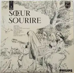 A black-and-white line drawing of women playing and listening to music in a forest