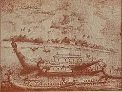 A painting from the book The Musnud of Murshidabad (1704-1904), published in 1905, showing the river line at Roshniganj. The text reads, “On the bank of the river at Roshniganj, stands a small building which accommodated the office of the boat establishment of the Nazims. It is known as the Neoara house. A large number of boats, of all descriptions, used to float in the river or rest at anchor near this house.”