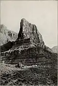 Hermit Camp buildings at the prominence base, region of Granite Gorge, at terminus of Hermit Canyon