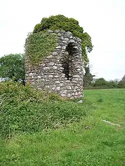 Stump of the round tower at 5.5m high. Various mosses and plants have grown on it, and a large hole sits in it.