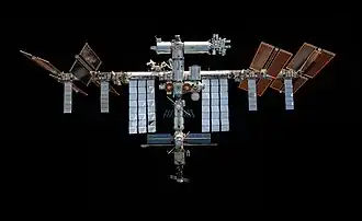 A view of the International Space Station. In view are the station's sixteen paired red-coloured main solar array wings, eight on either side of the station, mounted to a central integrated truss structure. Spaced along the truss are ten white radiators. Mounted to the base of the two rightmost main solar arrays pairs, there are two smaller paired light brown-coloured ISS Roll-out Solar Arrays. Attached to the centre of the truss is a cluster of pressurised modules arranged in an elongated T shape. A set of solar arrays are mounted to the module at the aft end of the cluster.