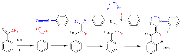 The reaction of acetophenone enolate with phenyl isothiocyanate. In this one-pot synthesis[9] the ultimate reaction product is a Thiazolidine. This reaction is stereoselective with the formation of the Z-isomer only.