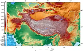 Tibetan Plateau and surrounding areas above 1600-m topography[22][23]