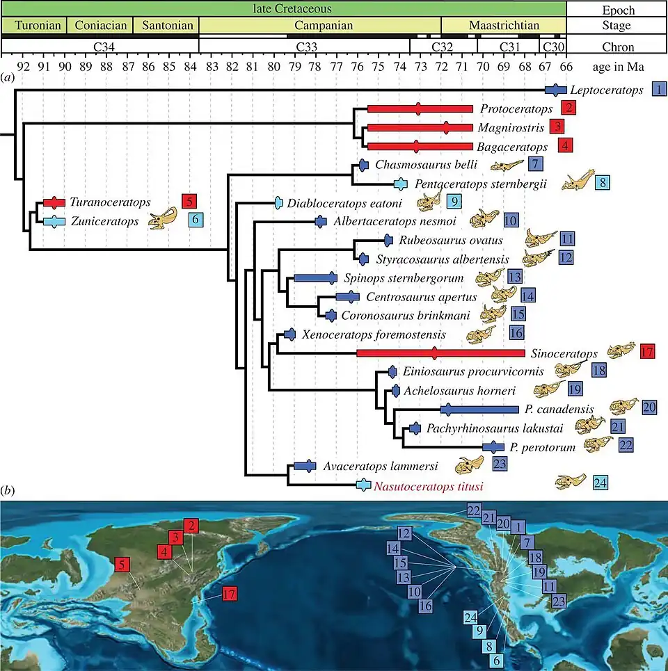 Family tree of dinosaurs with a map of their locations below