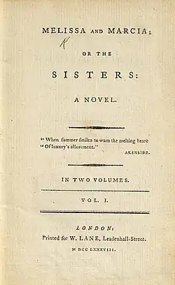 Title page Elizabeth Hervey Melissa and Marcia 1788
